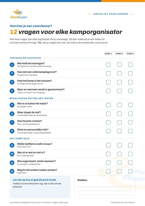 Printbare checklist met de vragen voor een kamporganisator