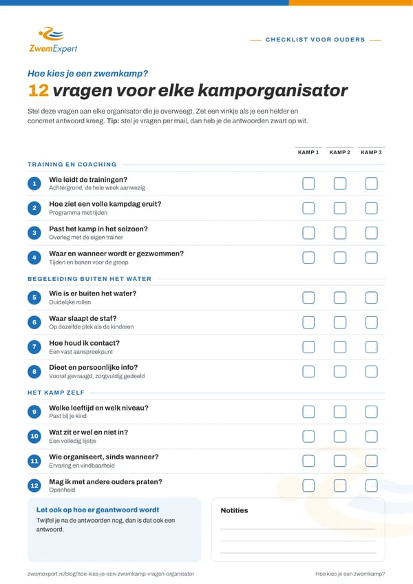 Printbare checklist met de vragen voor een kamporganisator