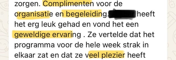 WhatsApp bericht van een ouder over het zomerkamp